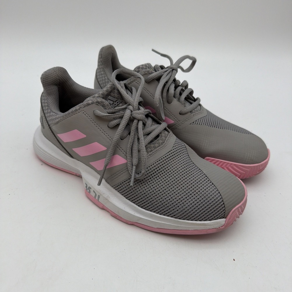 grey Adidas CourtJam tennis shoes featuring a breathable mesh Size 5